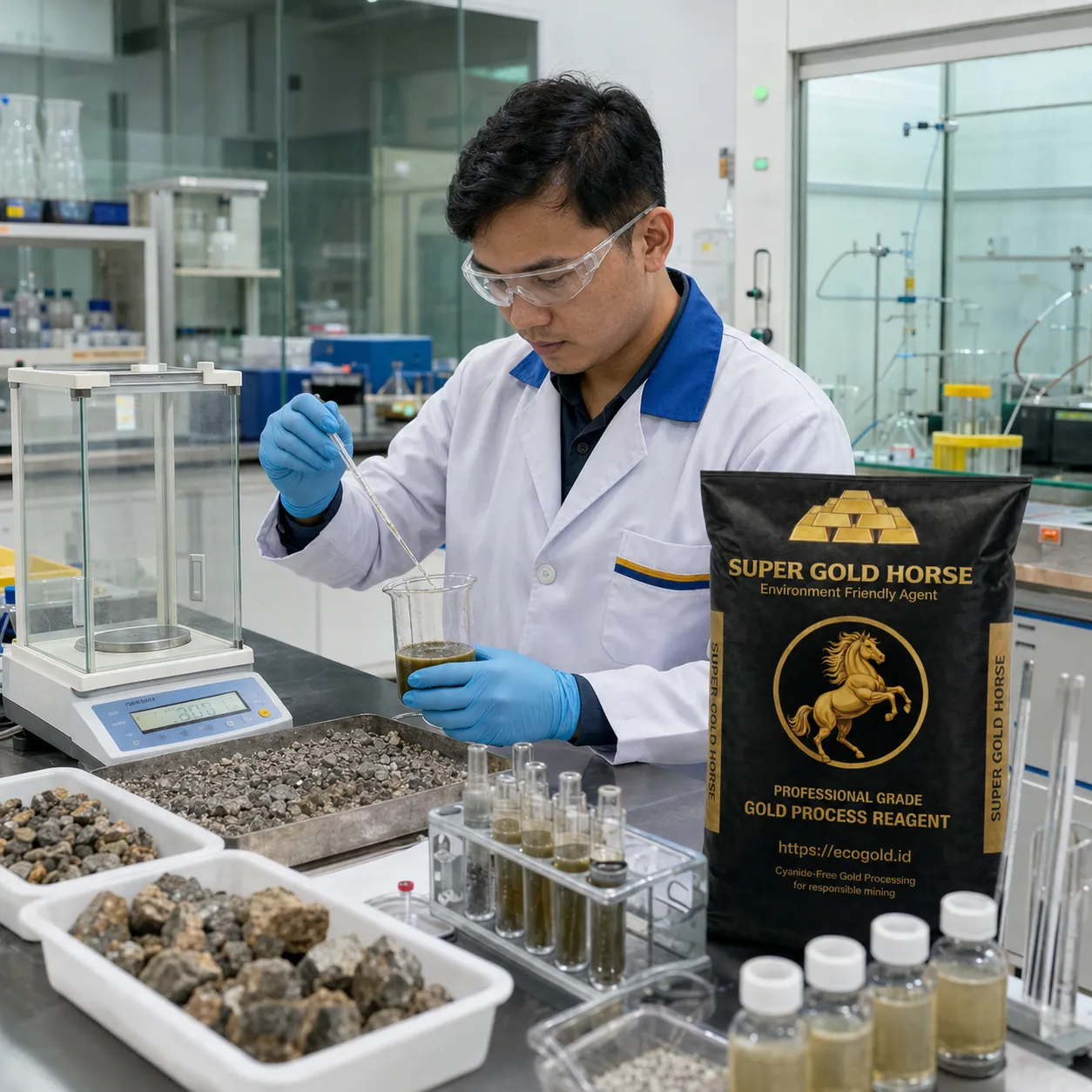 Mineral laboratory activity involving gold ore samples, activated carbon, and SGH reagent
