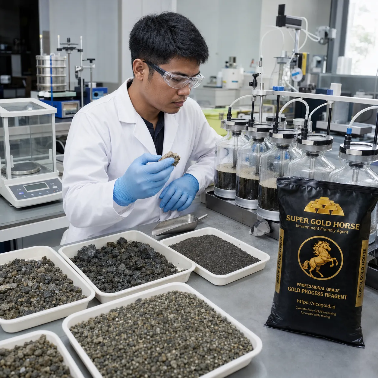 SGH product presented with mineral samples and laboratory testing equipment